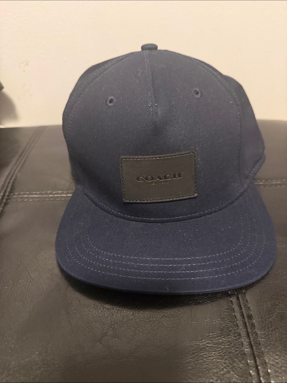 Coach Dark Blue Baseball Cap with Black Leather Patch